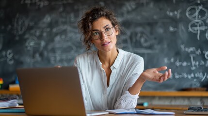 Female young hispanic university teacher, college tutor explaining math giving remote school class online lesson teaching looking at laptop in classroom by elearning webcam video conference zoom call