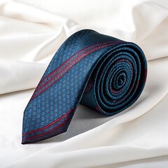 A sophisticated blue patterned tie is gracefully coiled on a pristine white surface, embodying elegance and style for the modern gentleman