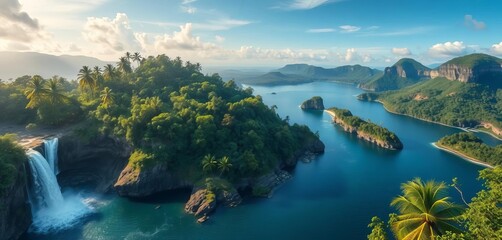 Lush jungle island with cascading waterfall, flowing river, rocky cliffs, and coastal lake,  elements,  water