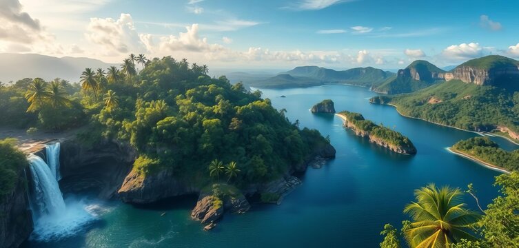 Lush jungle island with cascading waterfall, flowing river, rocky cliffs, and coastal lake, elements, water