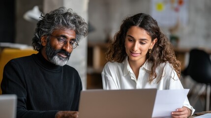 Two multiethnic professionals colleagues working together with laptop and papers in office. Indian male mentor and latin female young professional sitting in creative office space., no logos, no bran