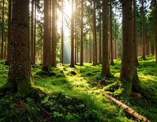 Obraz premium Sunlight streams through a dense forest