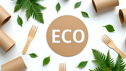 Top view flat lay with "eco" text on brown circle, surrounded by bamboo cutlery, paper cups, paper fork, green leaves, isolated on white background - sustainability and eco-friendly products concept 