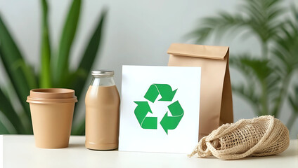 Eco-friendly takeaway set with a recycle symbol card, kraft paper bag, and biodegradable cups, neutral background with plants - sustainability and recycling concept 