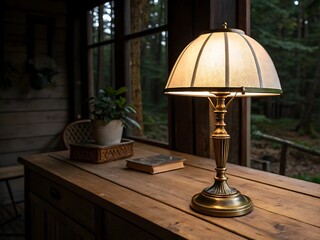 A vintage table lamp casts a warm glow on a wooden desk, creating a cozy and inviting atmosphere in a rustic cabin