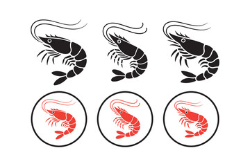 Obraz premium Shrimp Vector Icon Set. Black and Red Stylized Seafood Illustrations with Circular Frames. Victor illustration eps10