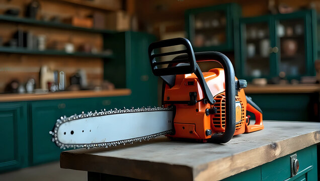 A chainsaw on wooden workbench, workshop background - woodworking, power tools, and DIY project concept 