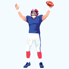 Obraz premium American football player in blue uniform celebrates with arms raised, holding a football.