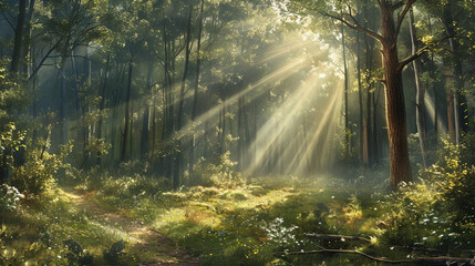 The serene forest in spring is illuminated by beautiful, bright sun rays