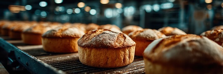 Freshly baked bread cooling in bakery with warm lighting during afternoon