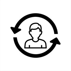 Vector illustration of a user icon surrounded by circular arrows, representing refresh and update functions