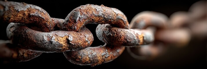 Close-up view of a rusty chain showcasing its weathered texture and intricate links against a dark background