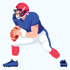American football player in blue jersey and red helmet holding a football, ready to pass or run.