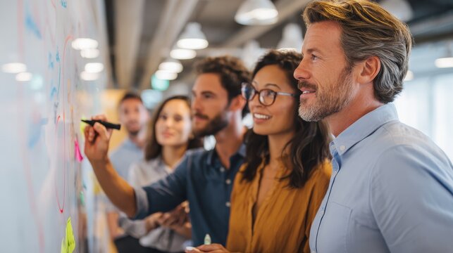 Diverse group of focused work colleagues writing on a whiteboard during a planning and strategy meeting in a bright modern office, no logos, no brands