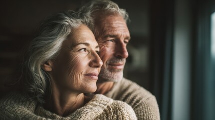 Happy senior adult mature classy couple hugging, bonding, thinking of good future. Carefree cheerful mid age old husband embracing wife looking away dreaming, enjoying wellbeing and love in new house