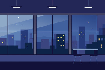 View Across an Empty Open Plan Office at Dusk with Warm Lighting