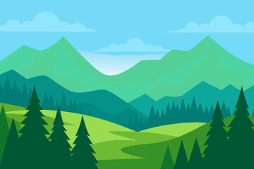Vibrant and Serene Mountain Landscape Rendered Digital Art Illustration