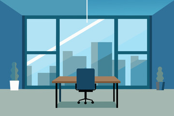 View from Behind a Large Empty Desk in a Corner Modern Workspace