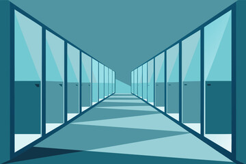 View Down a Row of Private Offices with Frosted Glass Modern Design