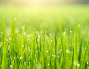 Dew-kissed grass field at sunrise