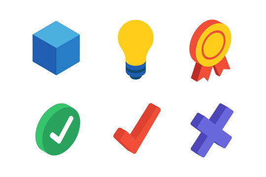 Colorful isometric icons: cube, light bulb, medal, check mark, cross