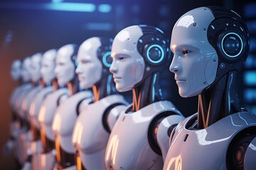 White humanoid robots with blue accents in a line android