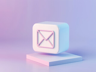 A white rounded cube with a pink envelope symbol on a platform against a pastel background scene