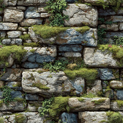 Seamless mossy stone wall texture with plants | Weathered stacked rocks covered in greenery and wildflowers | Nature-inspired background for fantasy, games, or environment design