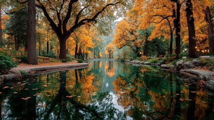Vibrant autumn colors reflecting on a serene lake in a tranquil park setting during the fall season