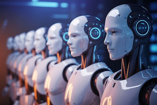 White humanoid robots with blue accents in a line android