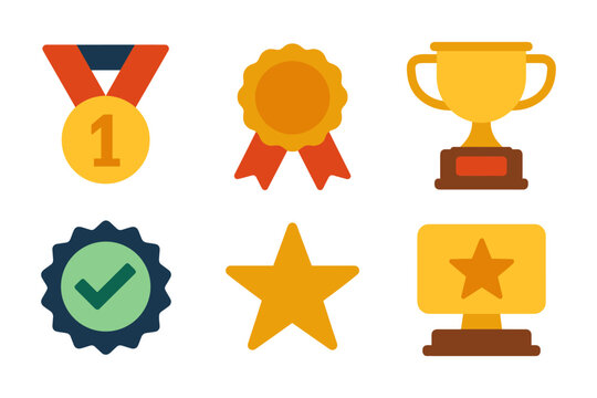 Colorful award icons set: medals, trophies, badges for achievement themes