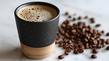 Dark speckled reusable coffee cup with bamboo base filled with frothy coffee next to scattered roasted coffee beans