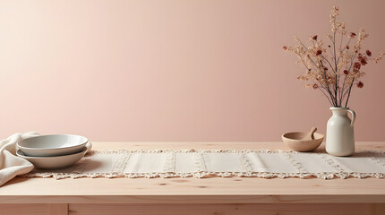 Elegant tabletop setting with pastel decor featuring ceramics and delicate floral arrangement