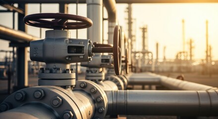 Fototapeta premium Closeup of industrial pipes and valves in a largescale oil processing plant.