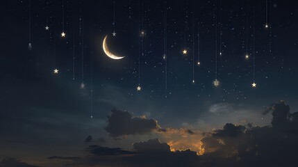 Naklejka premium Crescent Moon and Hanging Stars in Night Sky