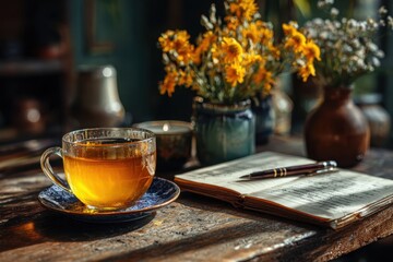 Warm Tea and Flowers on Rustic Wooden Table