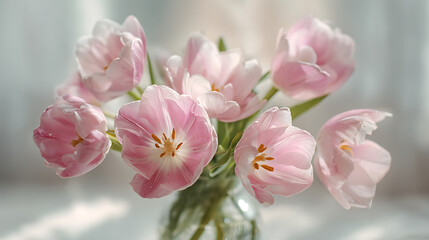 Obraz premium Delicate pink tulips in a glass vase bathed in soft light floral arrangement spring flowers