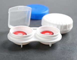 Contact lens cases with red lenses on a gray surface