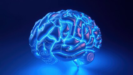 A glowing blue brain with circuit patterns against a dark blue gradient background in a studio shot