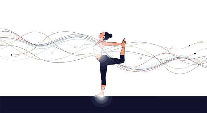 Graceful dancer embodies harmony with abstract wavy patterns in a serene minimalist composition