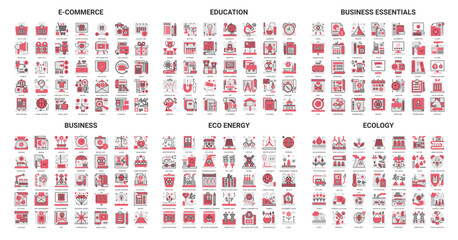 Business internet commerce technology, sustainable resource and eco energy ecology thin red black line icon vector illustration set. Linear economics, ecosystem global innovation, education collection