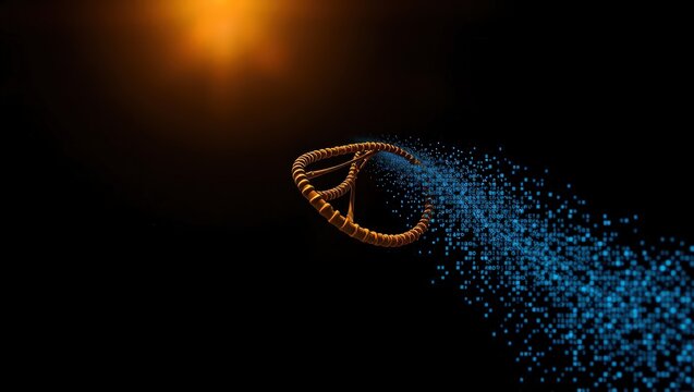A dna strand with blue particles trailing behind it against a dark background with orange light