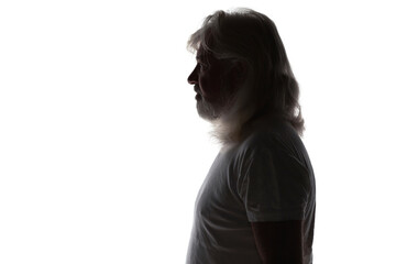 silhouette portrait of aged man with long hair on whitebackground, profile of old bearded man, life concept