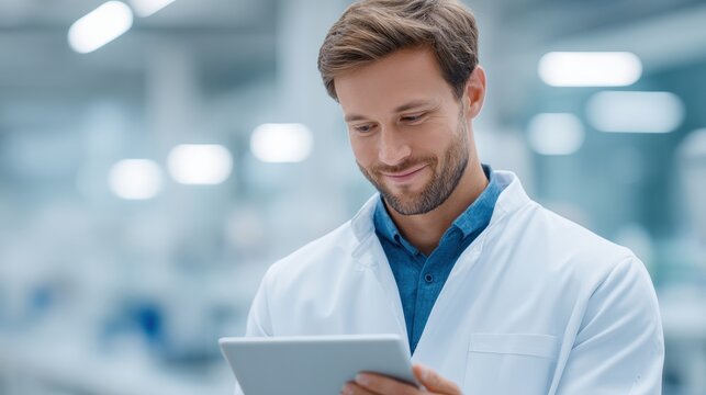 Scientist at Work: A focused scientist, clad in a crisp lab coat, meticulously reviews data on a digital tablet within a cutting-edge research facility. - Powered by Adobe