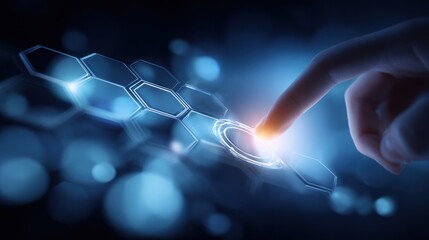 Digital Touch: A close-up shot of a finger interacting with a digital interface, activating a holographic hexagon-shaped element, surrounded by an ethereal glow.