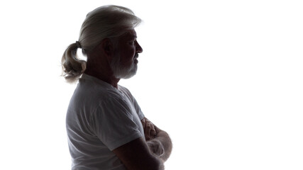 silhouette of aged man with long hair on white isolated background with folded hands on his chest, profile of mature male face