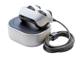 A white vr headset with a charging dock and coiled cable isolated on transparent background