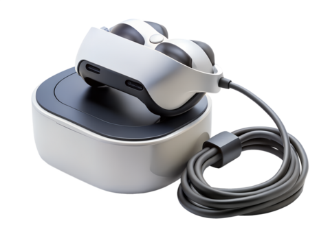 A white vr headset with a charging dock and coiled cable isolated on transparent background