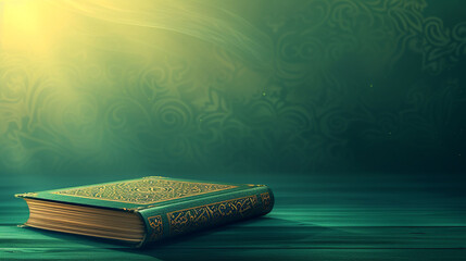 Muslim holy Quran in a green, golden, and blue gradient background