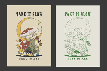 retro 70s poster with a frog on a turtle and mushroom, vector illustration